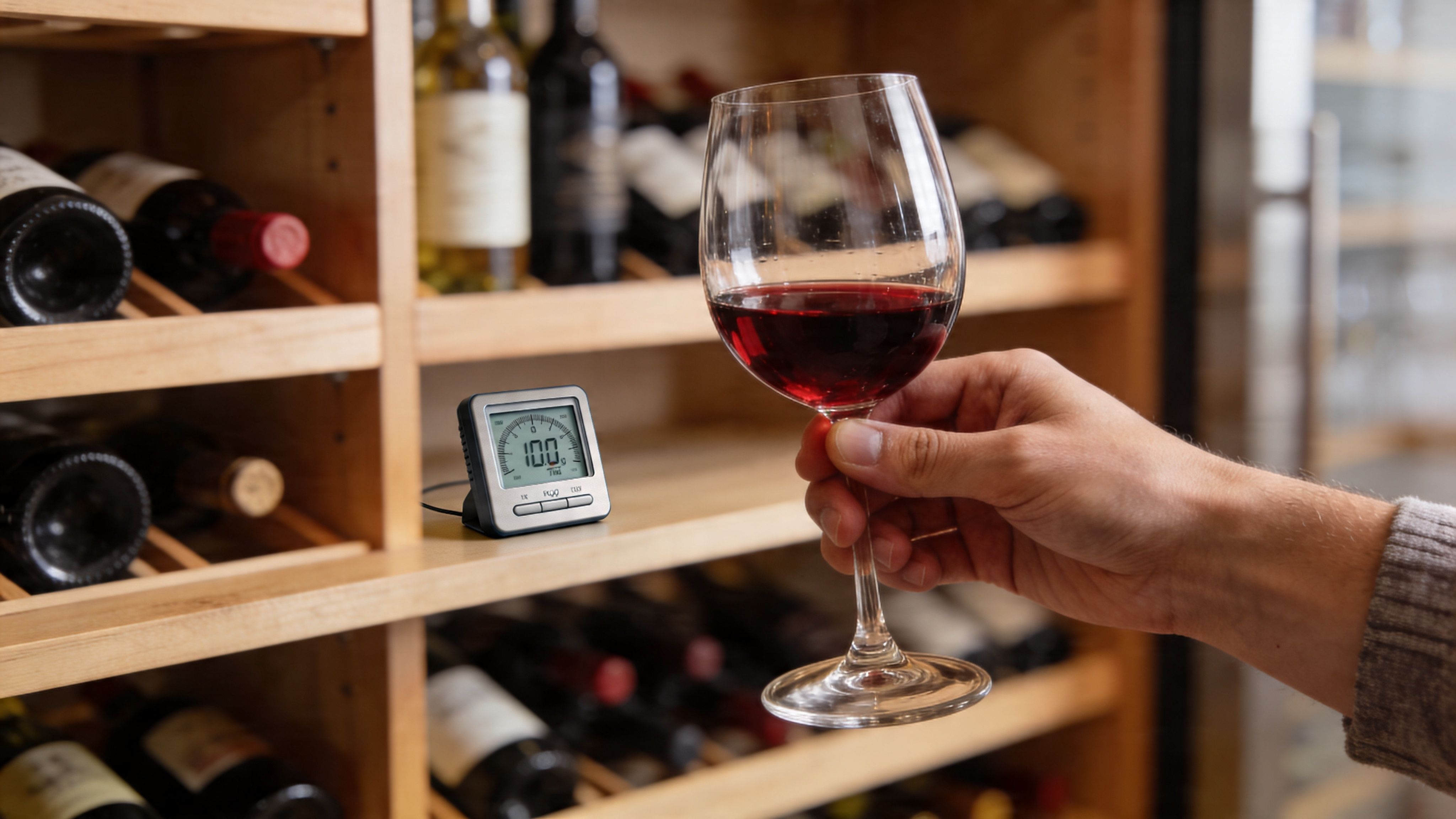 A person holding a glass of red wine in front of a wine cellar with a digital hygrometer.