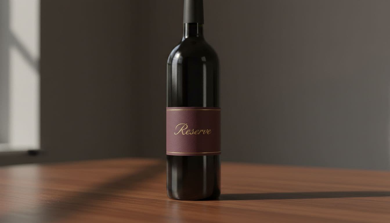 Photo-realistic close-up of a premium red wine bottle on a dark wooden surface, featuring an elegant label with 'Reserve' in sophisticated gold lettering against a deep burgundy background, subtle sheen on the glass revealing deep red wine inside.