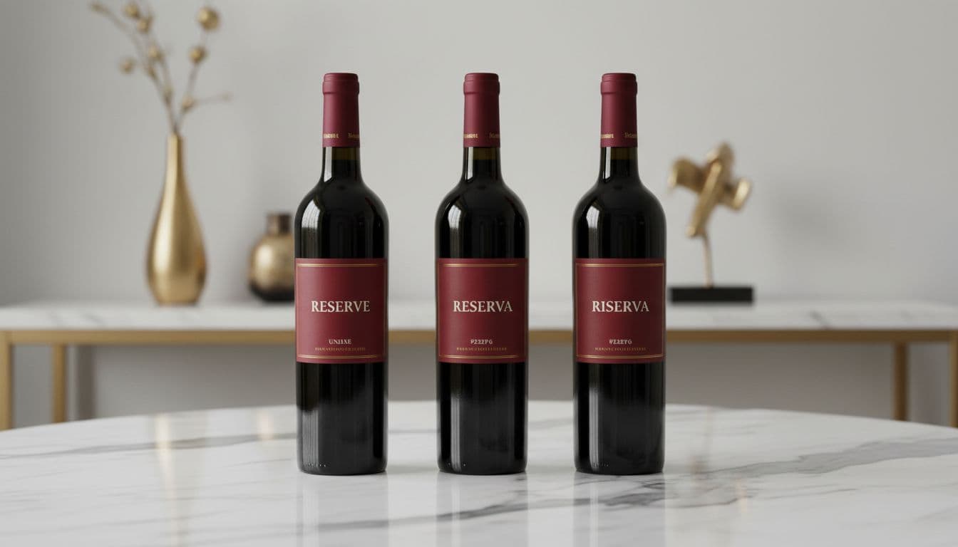Photo-realistic still life composition of three premium wine bottles side by side on an elegant marble table: US 'Reserve', Spanish 'Reserva', and Italian 'Riserva', each with gold lettering on deep red backgrounds, showcasing label comparisons for wine education.