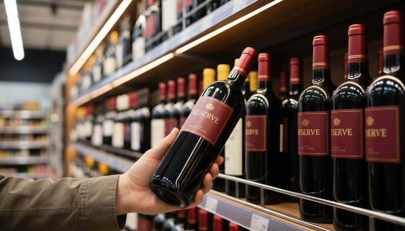 Photo-realistic scene of a person's relaxed hand holding a single bottle with prominent 'Reserve' label in gold on deep red background in a modern grocery store wine aisle, warm ambient lighting, focus on decision moment, no face visible.