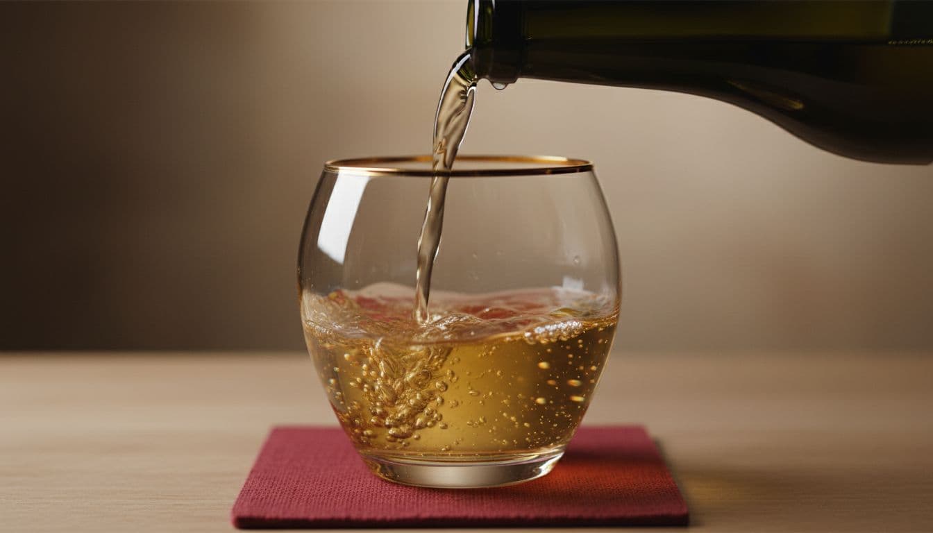 Dynamic close-up of golden buttery Chardonnay pouring from a dark green bottle into an elegant wide glass, with thick viscous legs trailing down the sides.