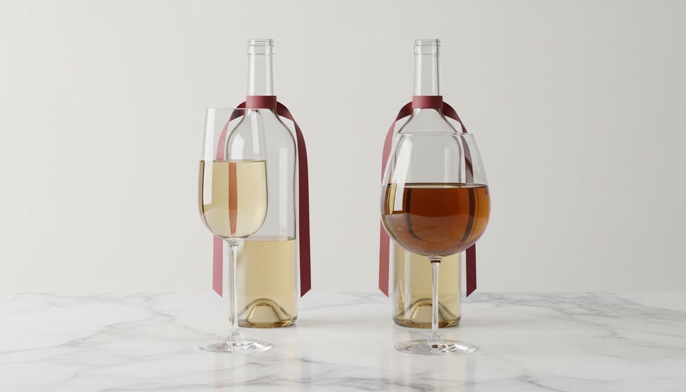 Side-by-side on a marble surface: pale crisp unoaked Chardonnay in a tall slender glass (left) contrasts with rich golden buttery oaked Chardonnay in a wide-bowled glass (right), subtle deep red ribbons tying bottle necks behind each, gold highlights on liquids, symmetrical photo-realistic composition.
