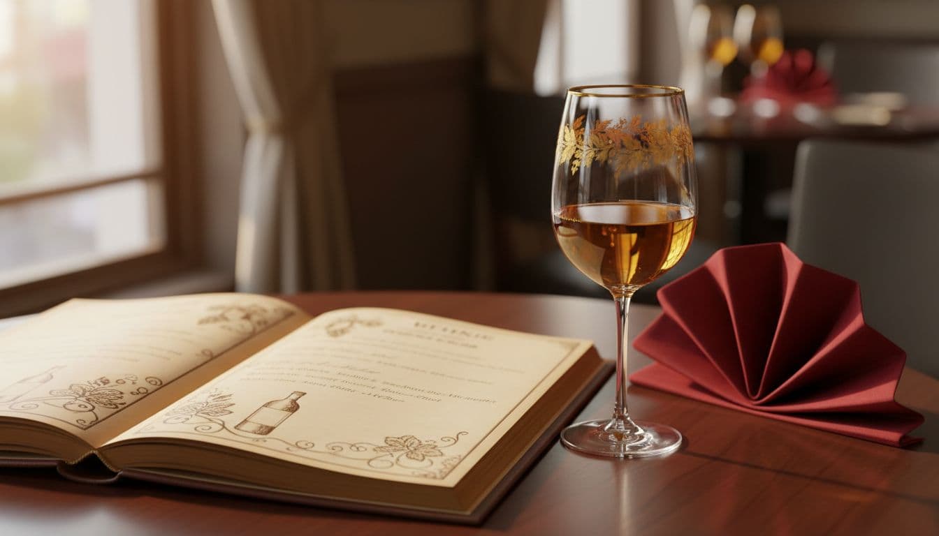 Close-up of an elegant restaurant dining table with an open leather-bound wine list, a single glass of golden buttery Chardonnay reflecting soft light, and a folded deep red napkin nearby with gold accents on glassware, under natural warm lighting.