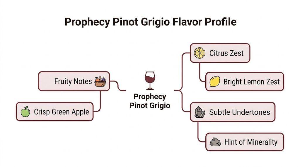 A diagram illustrating the flavor profile of Prophecy Pinot Grigio with fruity and citrus tasting notes.
