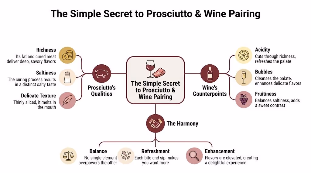 An infographic titled The Simple Secret to Prosciutto & Wine Pairing detailing qualities and flavor balance.