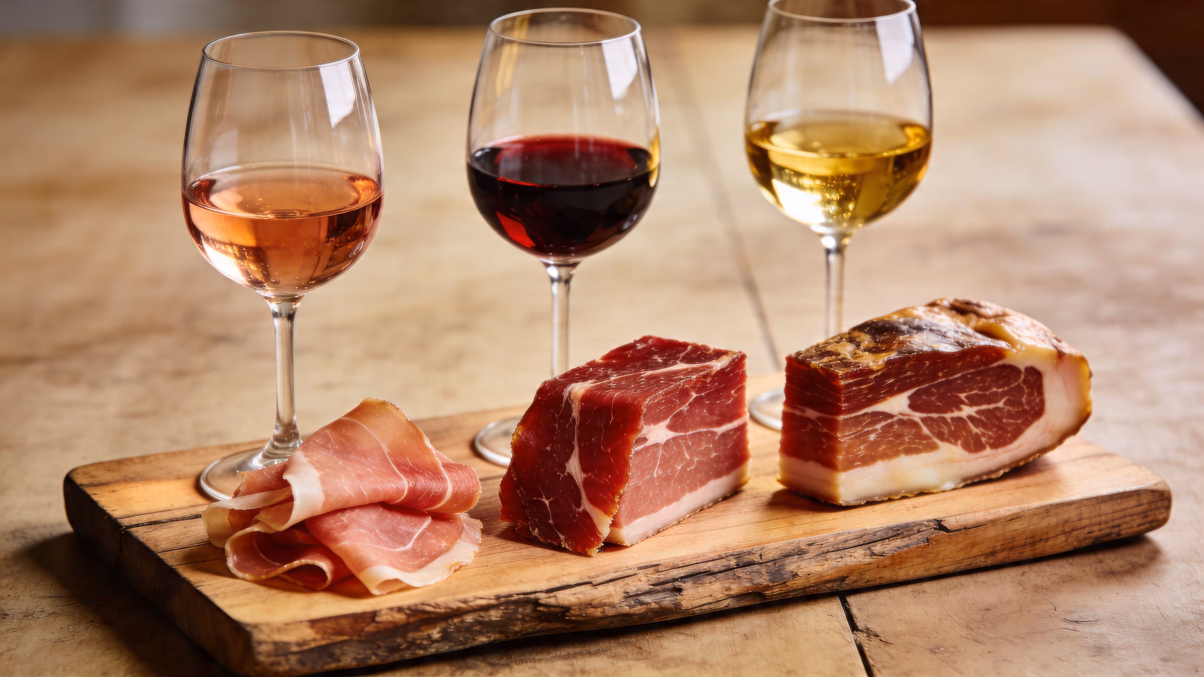A rustic wooden board featuring thin slices of prosciutto and cured meat chunks next to three wine glasses.