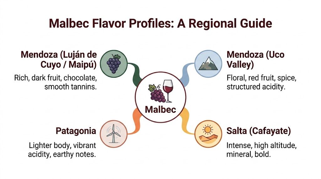 A regional guide chart displaying the distinct flavor profiles of Malbec wine from different Argentine regions.