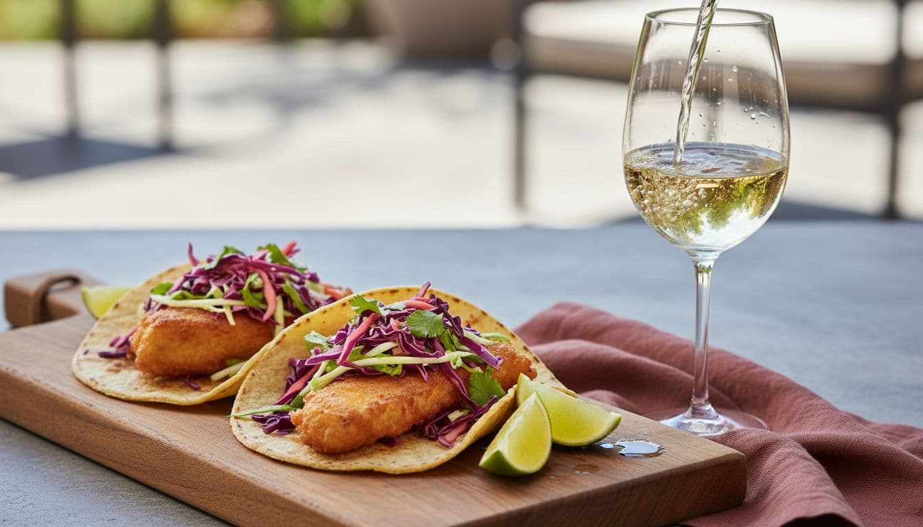 Fish tacos topped with crunchy slaw and lime wedges on wooden board beside pouring glass of white wine.