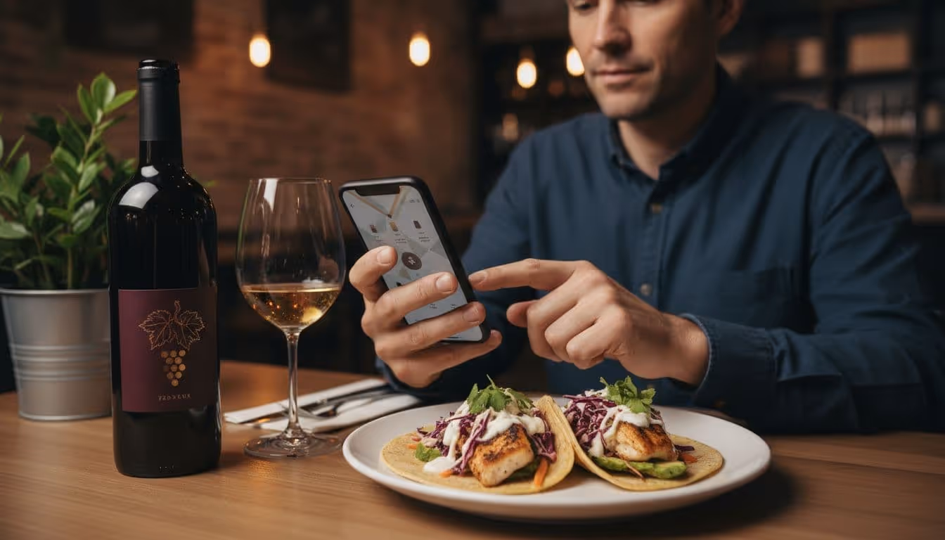 Person at wooden restaurant table holds phone with two hands scanning wine list app, relaxed expression, fish taco plate nearby.