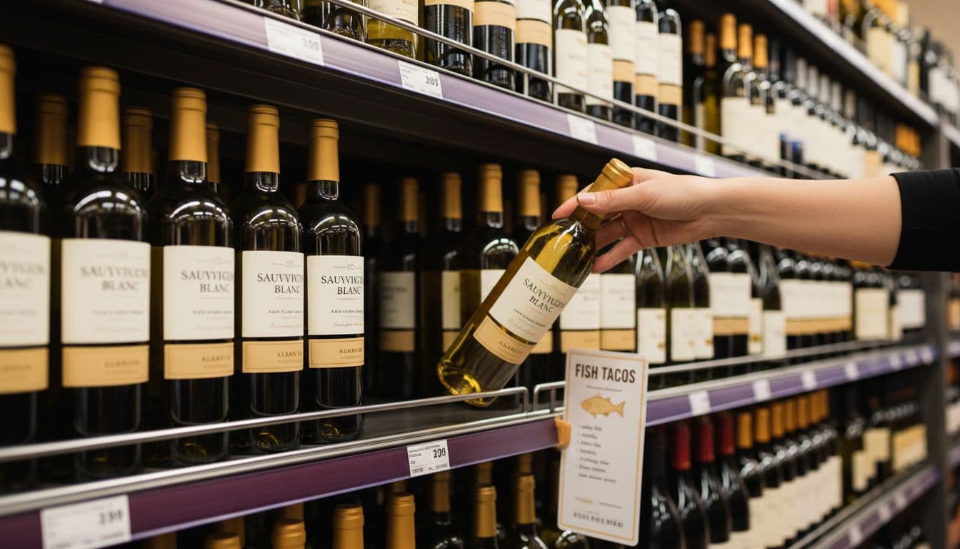 Hand reaches for Sauvignon Blanc bottle next to fish tacos recipe card amid Albariño bottles in bright grocery aisle.
