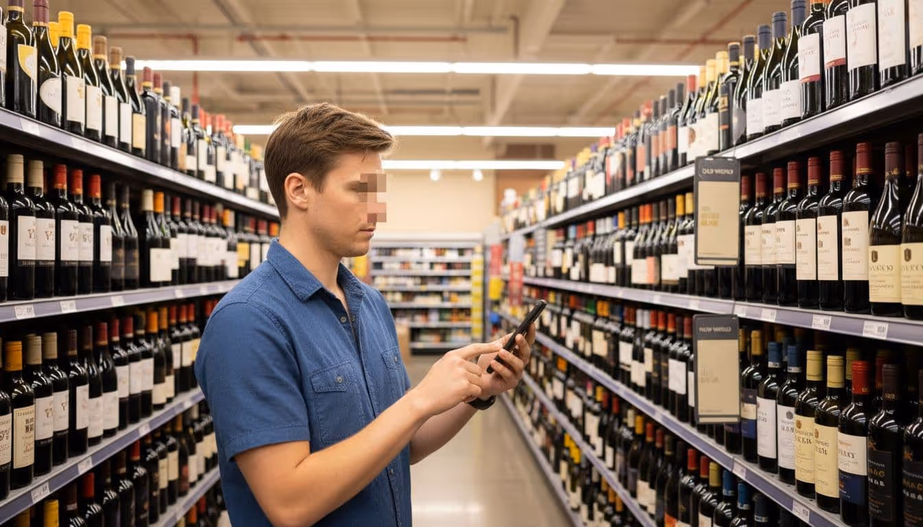 Person in grocery wine aisle holds phone scanning bottles on shelves stocked with Old and New World wines.