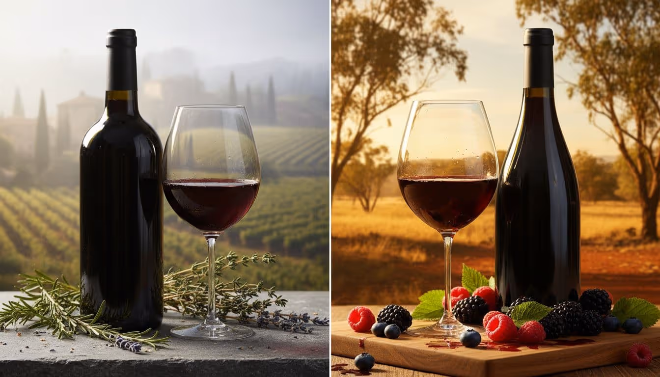 Side-by-side still life: left French wine bottle and glass on gray stone with herbs, misty vineyard background; right Australian wine on wood with berries, golden outback.