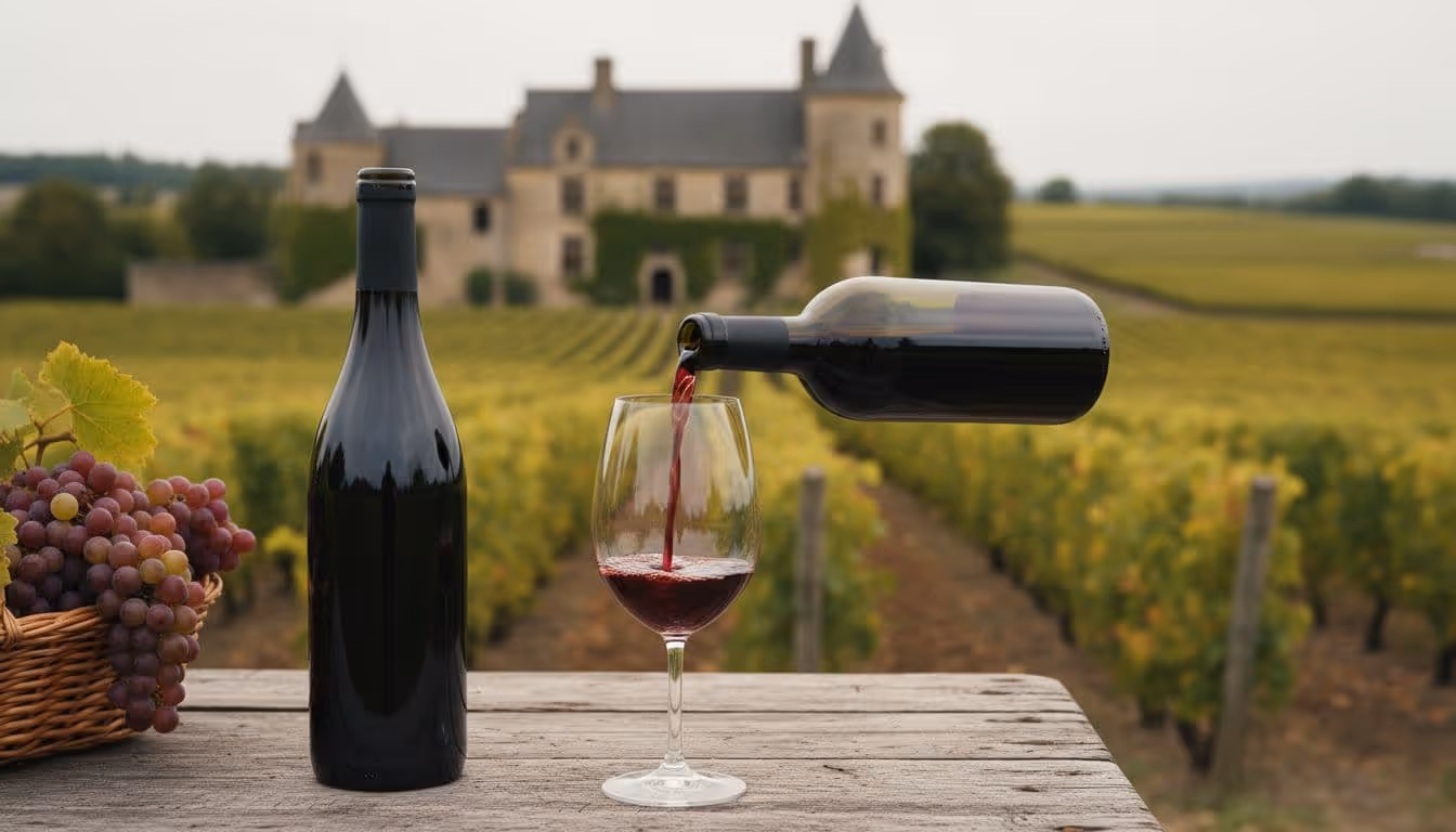 Wooden table holds open red wine bottle pouring into glass amid Bordeaux vineyard with distant stone chateau.
