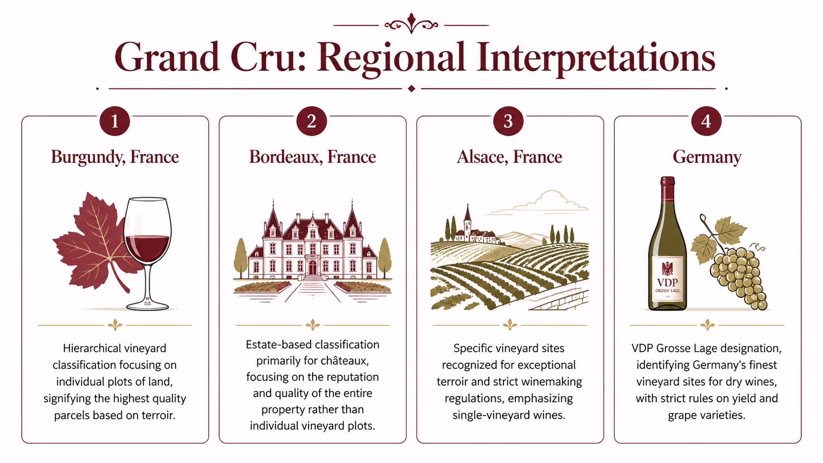 An infographic titled Grand Cru: Regional Interpretations comparing wine classification systems in Burgundy, Bordeaux, Alsace, and Germany.