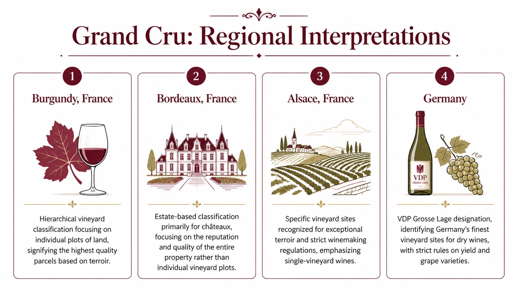 An infographic titled Grand Cru: Regional Interpretations comparing wine classification systems in Burgundy, Bordeaux, Alsace, and Germany.