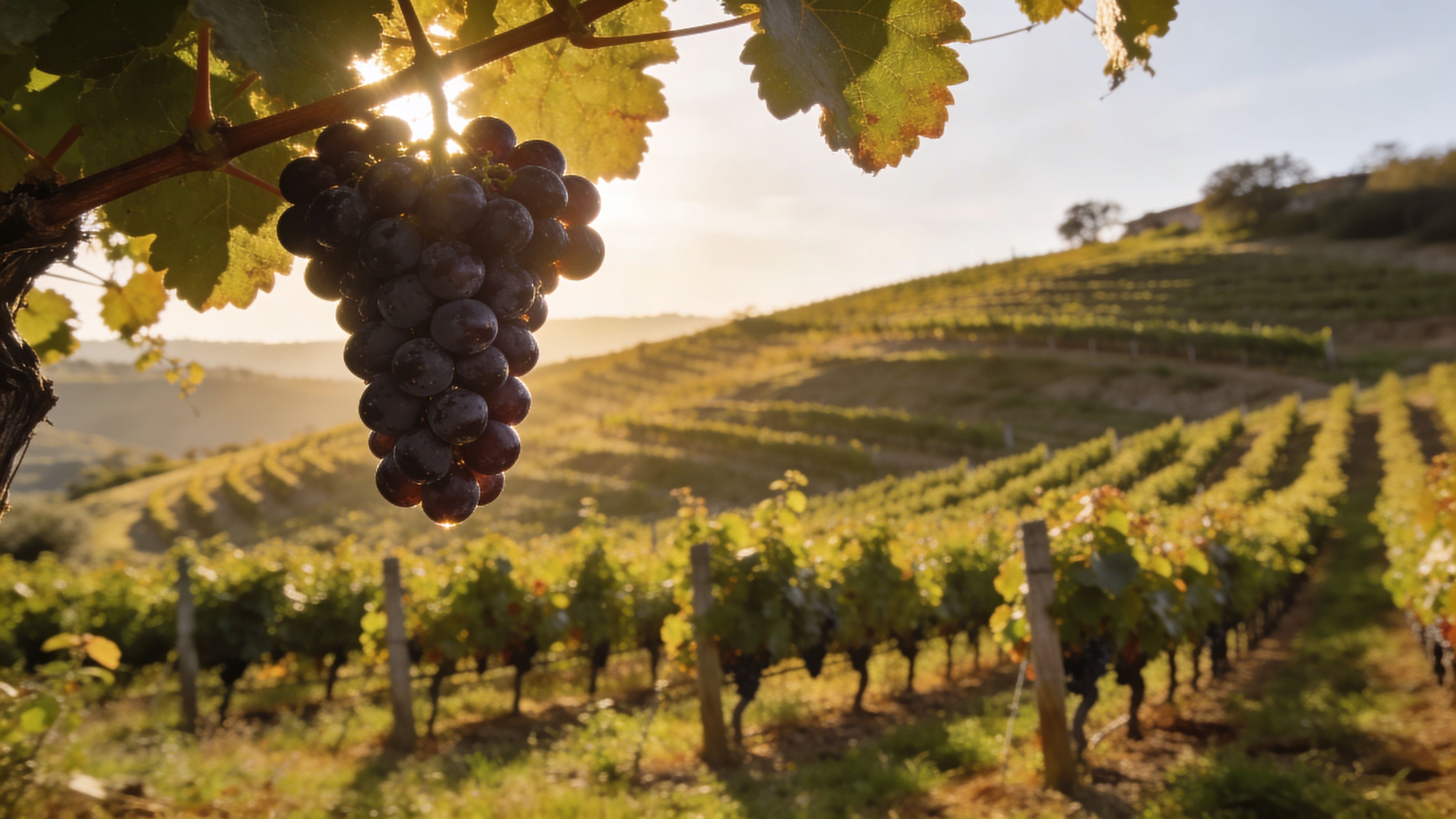 A close-up of a bunch of fresh dark grapes hanging on a vine in a sunny vineyard.