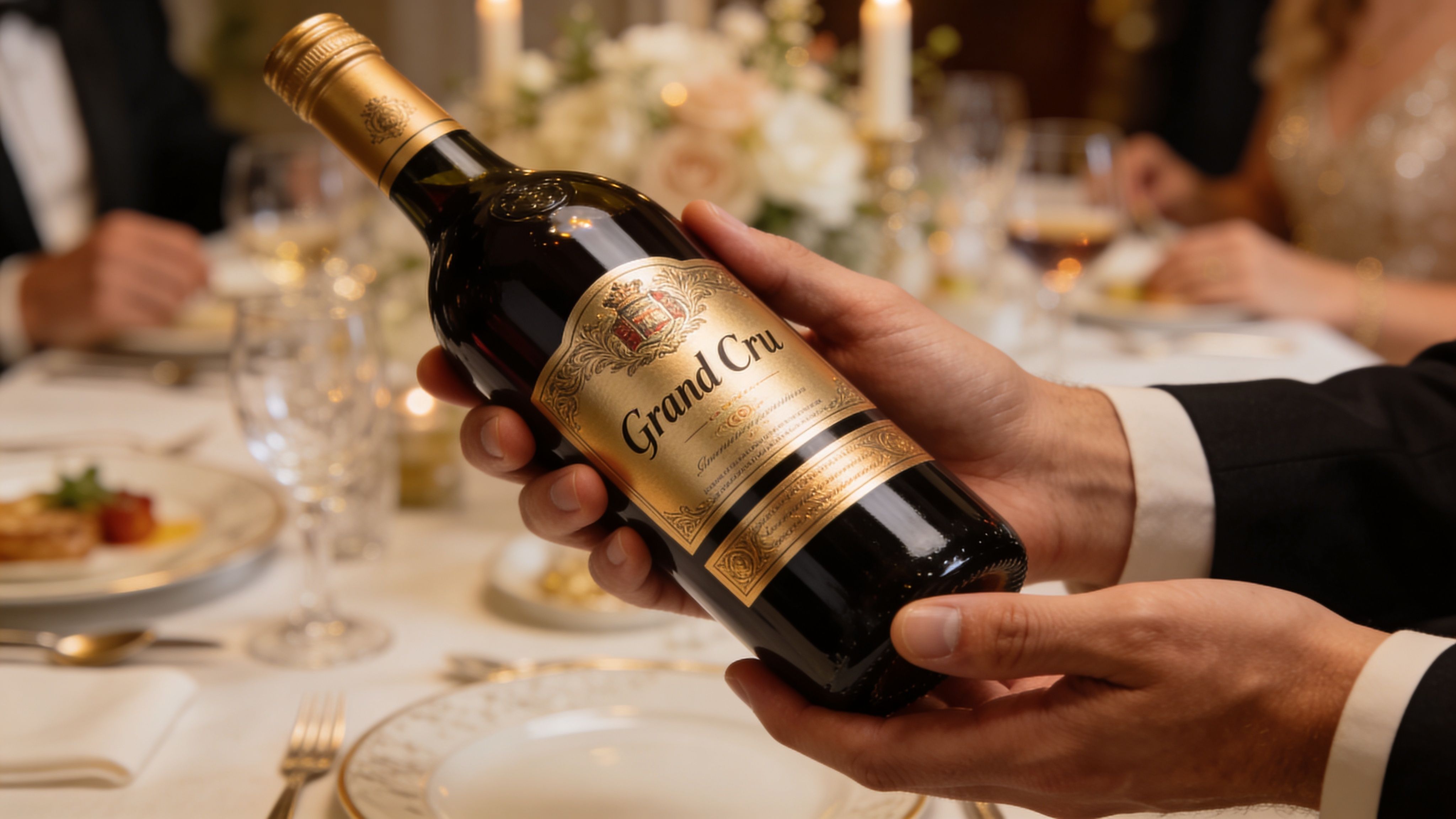 A person in a suit holding a bottle of Grand Cru wine at a formal dinner table.