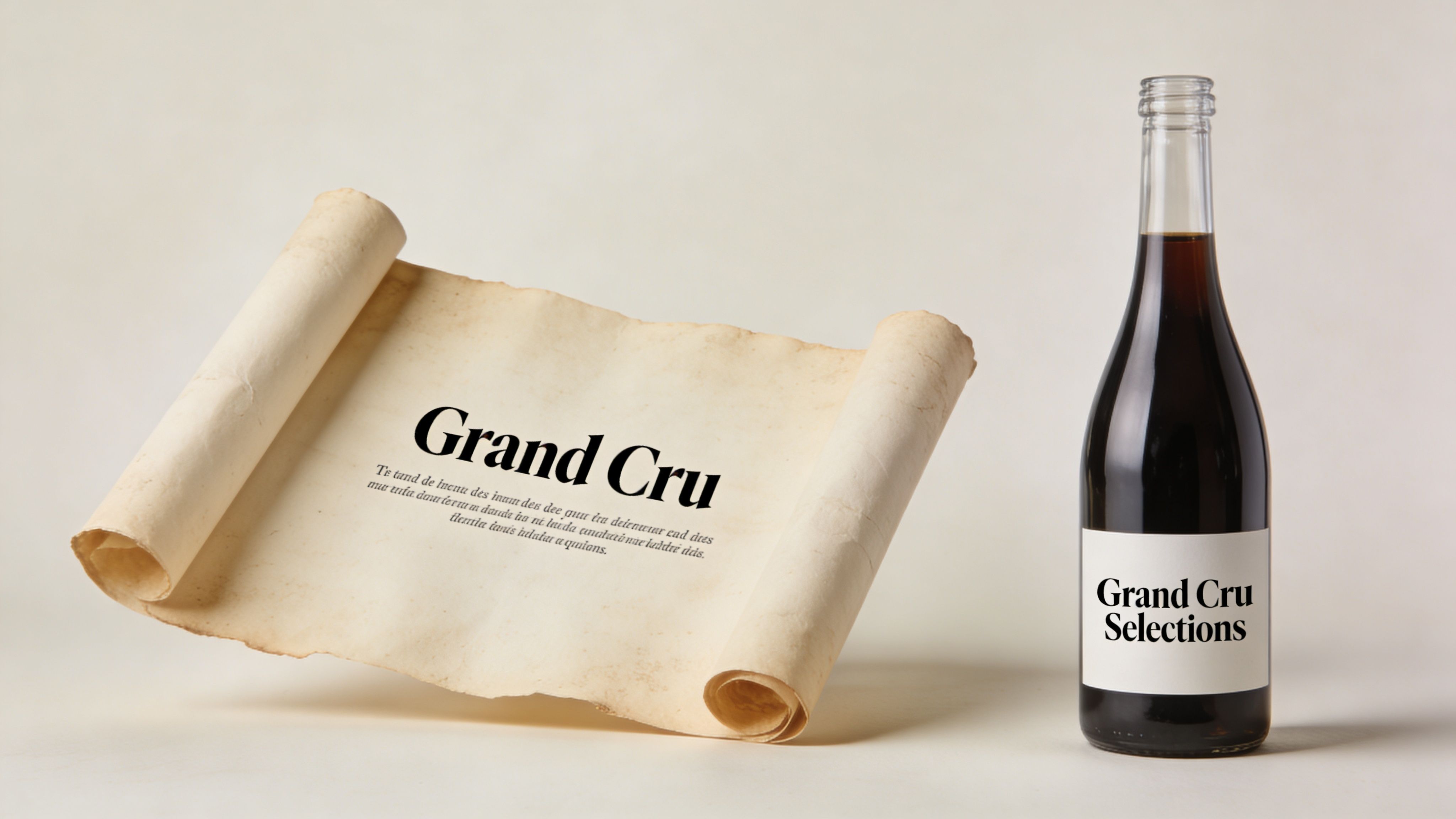 An aged paper scroll with Grand Cru text alongside a wine bottle labeled Grand Cru Selections.