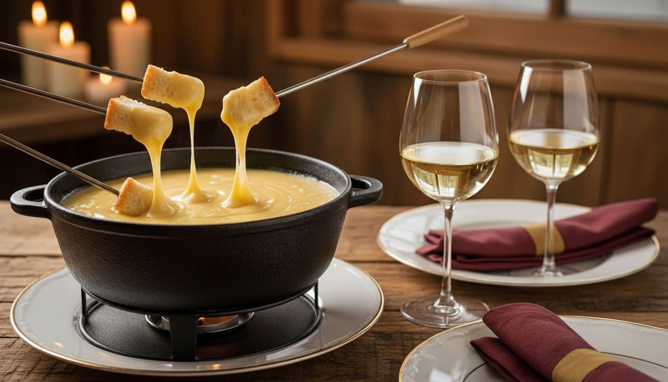 Bubbling golden cheese fondue in cast iron pot with crusty bread on skewers and white wine glasses on rustic wooden table.