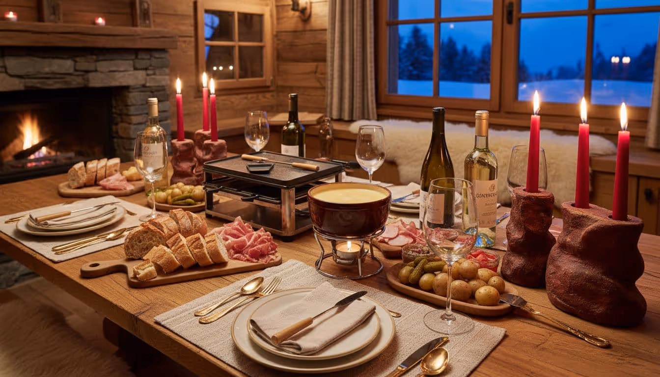 Alpine wooden table in cabin holds fondue pot, raclette station, wine bottles, glasses, bread, potatoes, charcuterie, red candle holders, gold flatware.