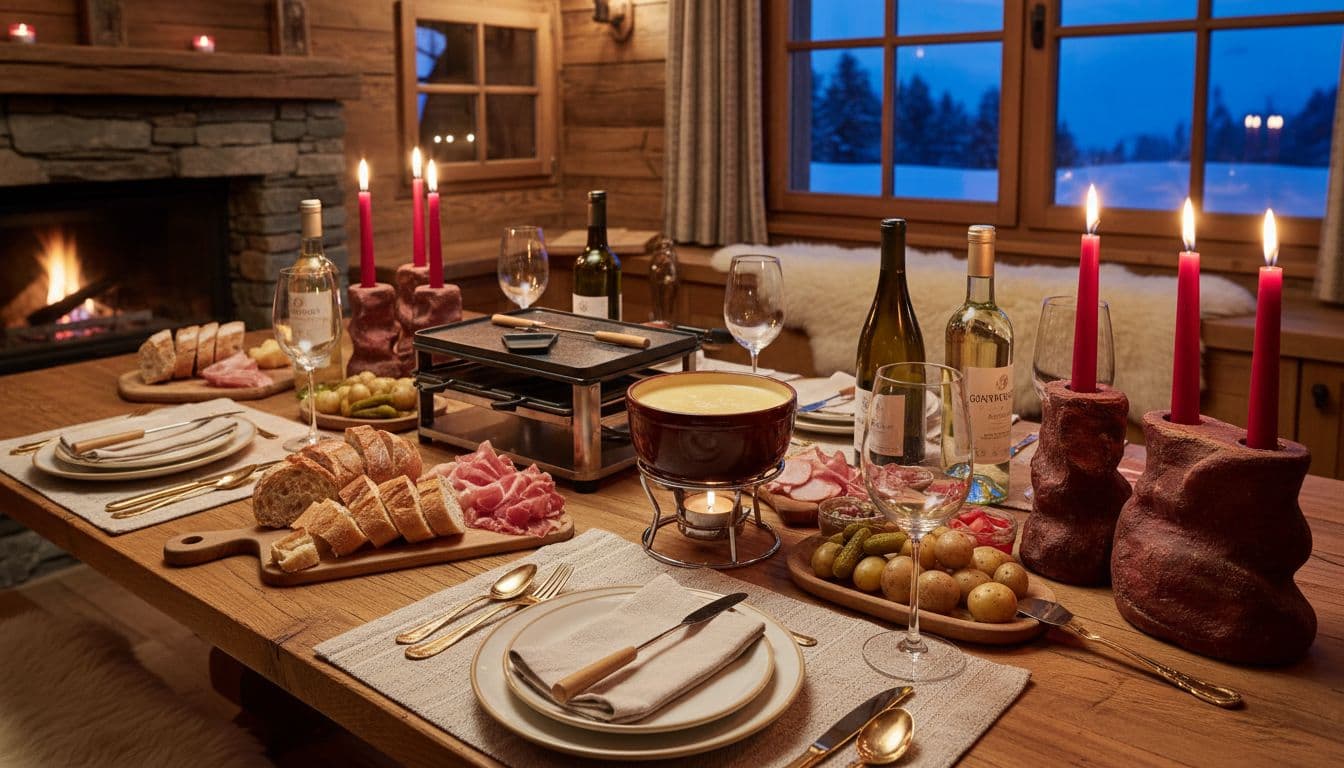 Alpine wooden table in cabin holds fondue pot, raclette station, wine bottles, glasses, bread, potatoes, charcuterie, red candle holders, gold flatware.