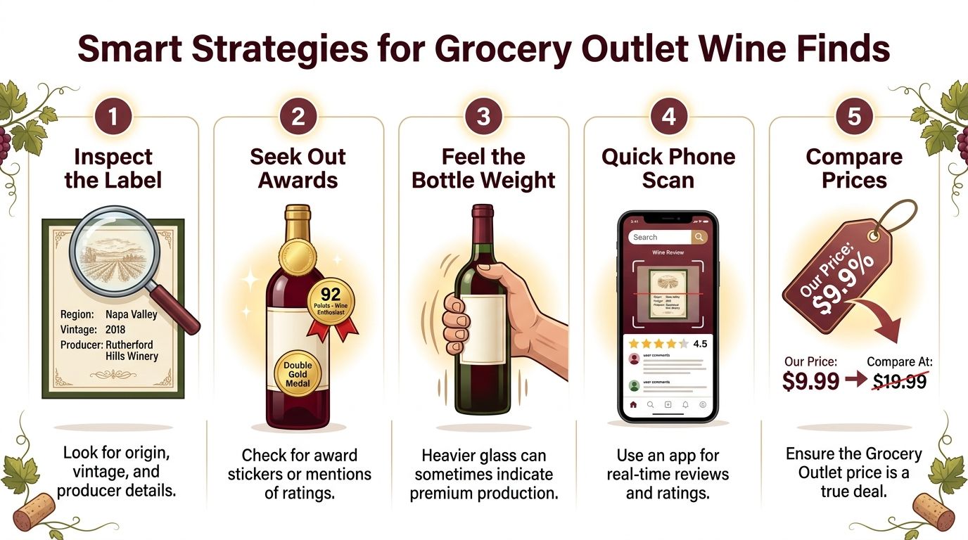 An infographic titled Smart Strategies for Grocery Outlet Wine Finds featuring five tips for selecting quality wine.