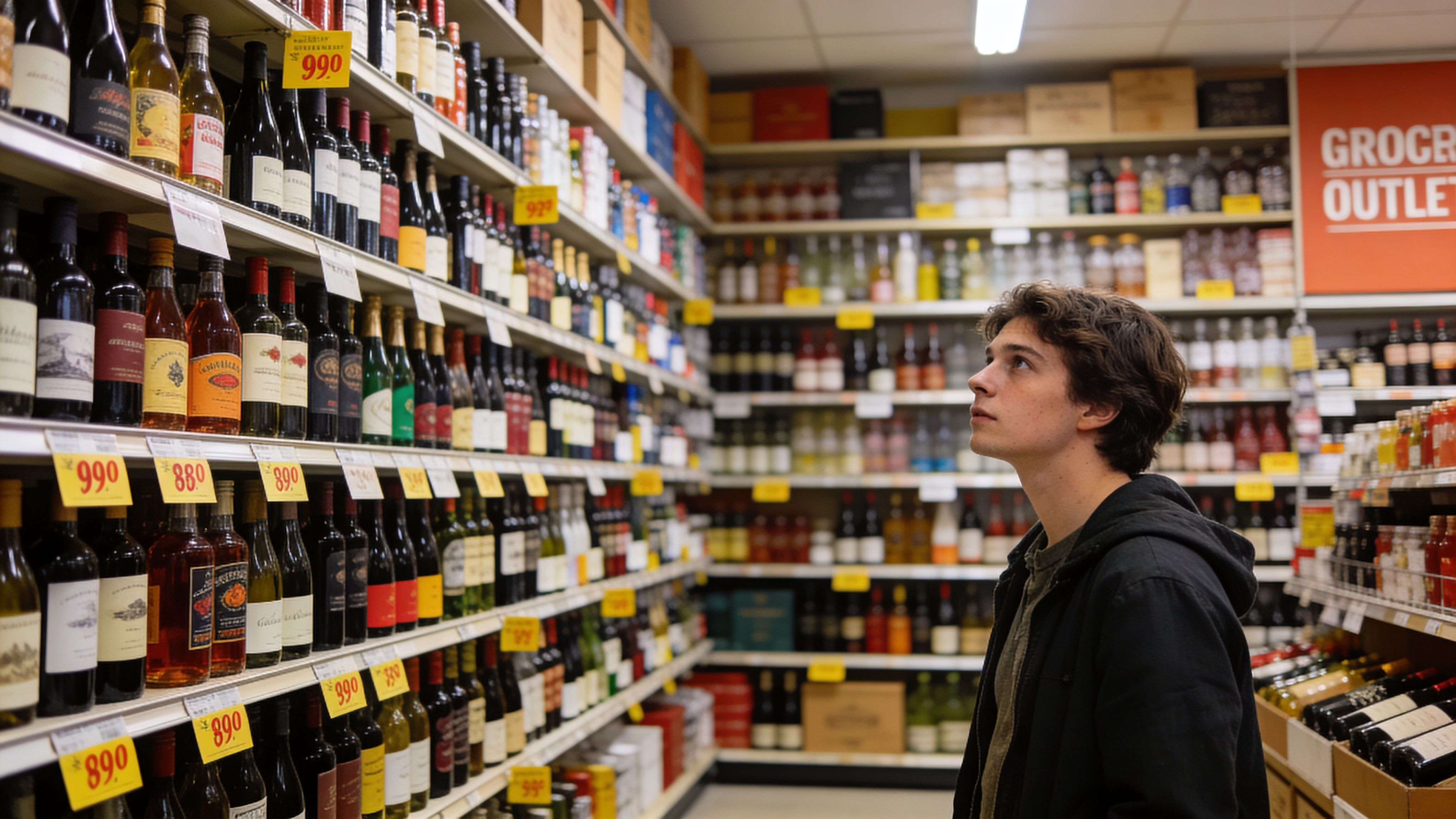 A young man looking up thoughtfully at wine bottles displayed on the shelves of a grocery outlet store.