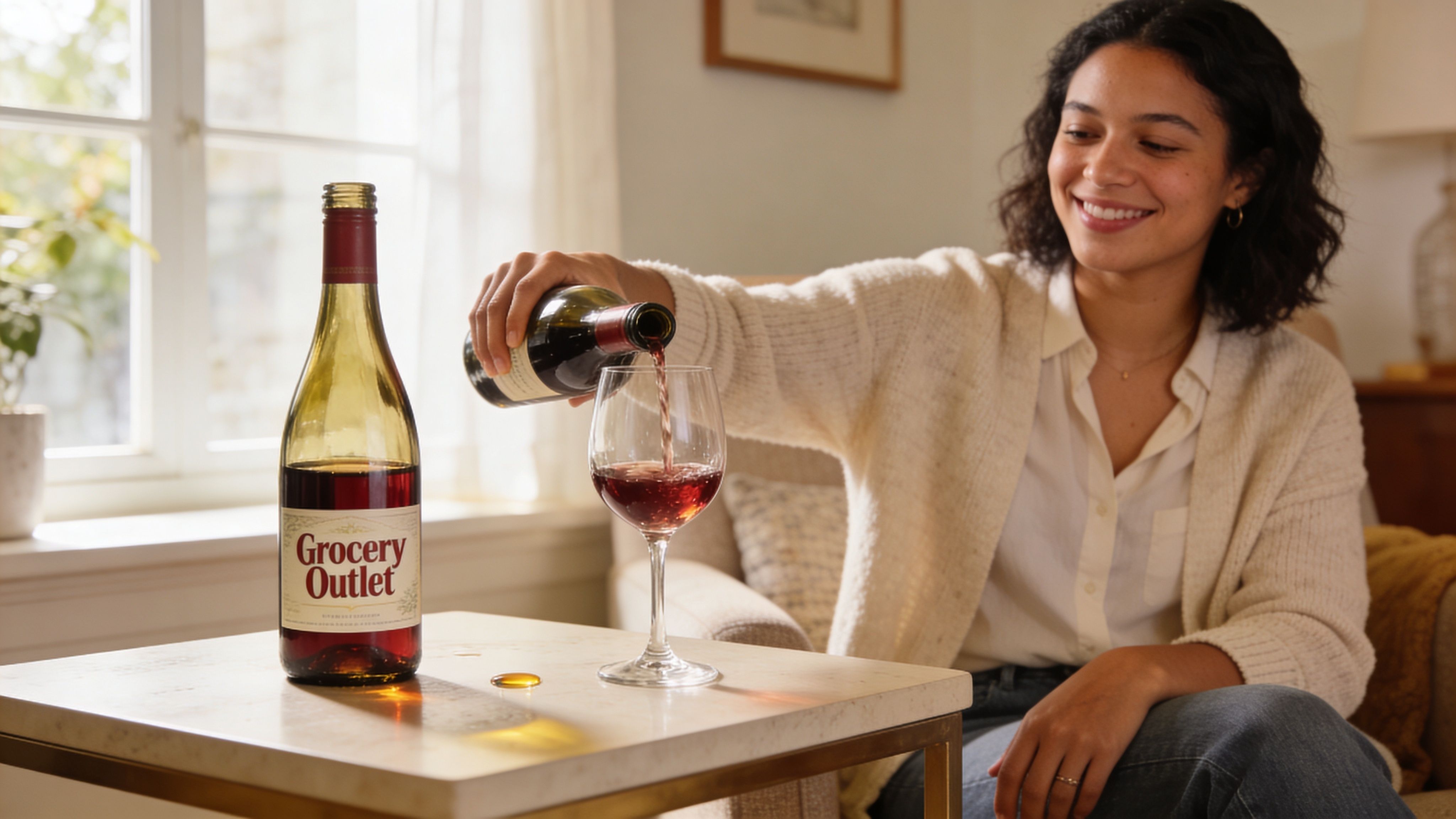 A woman smiling as she pours red wine into a glass next to a Grocery Outlet wine bottle.