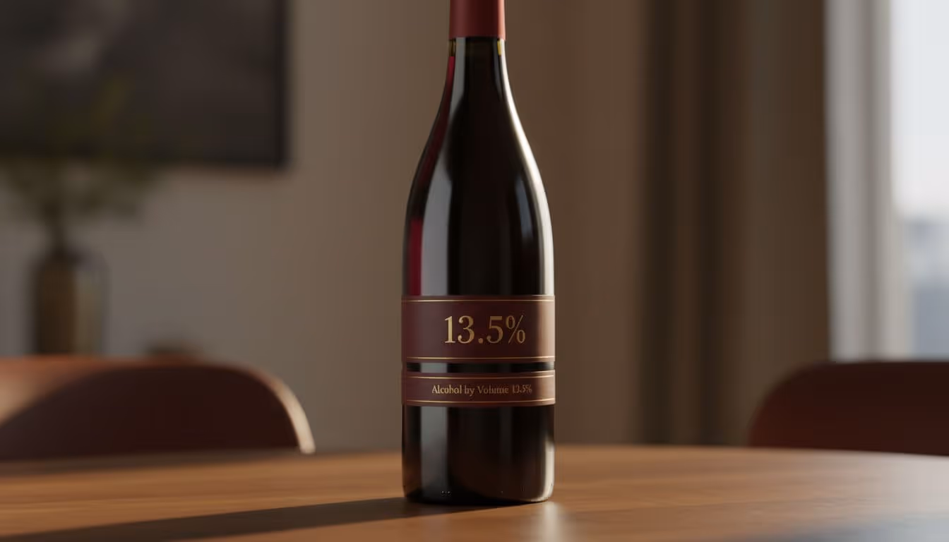 Close-up of red wine bottle on dark wooden table with front label reading 'Alcohol by Volume 13.5%' in gold on burgundy background.