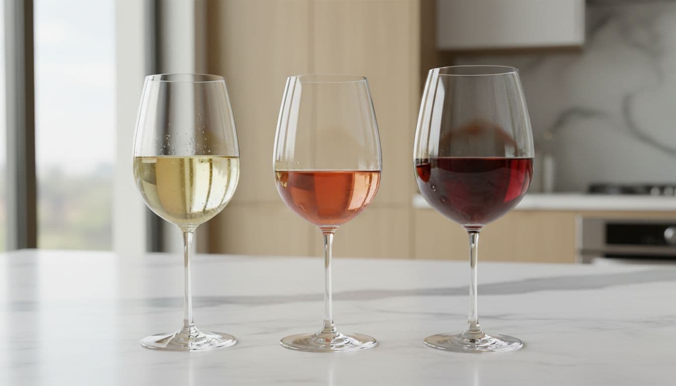 Three glasses on marble countertop: light white wine, rosé, deep red wine.