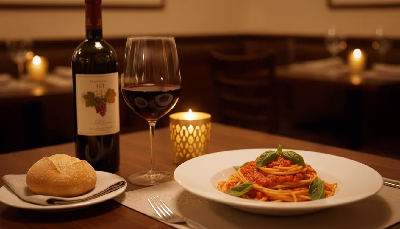 Close-up of restaurant table with half-filled red wine glass, open IGT bottle, spaghetti plate, bread roll, candle, and napkin.