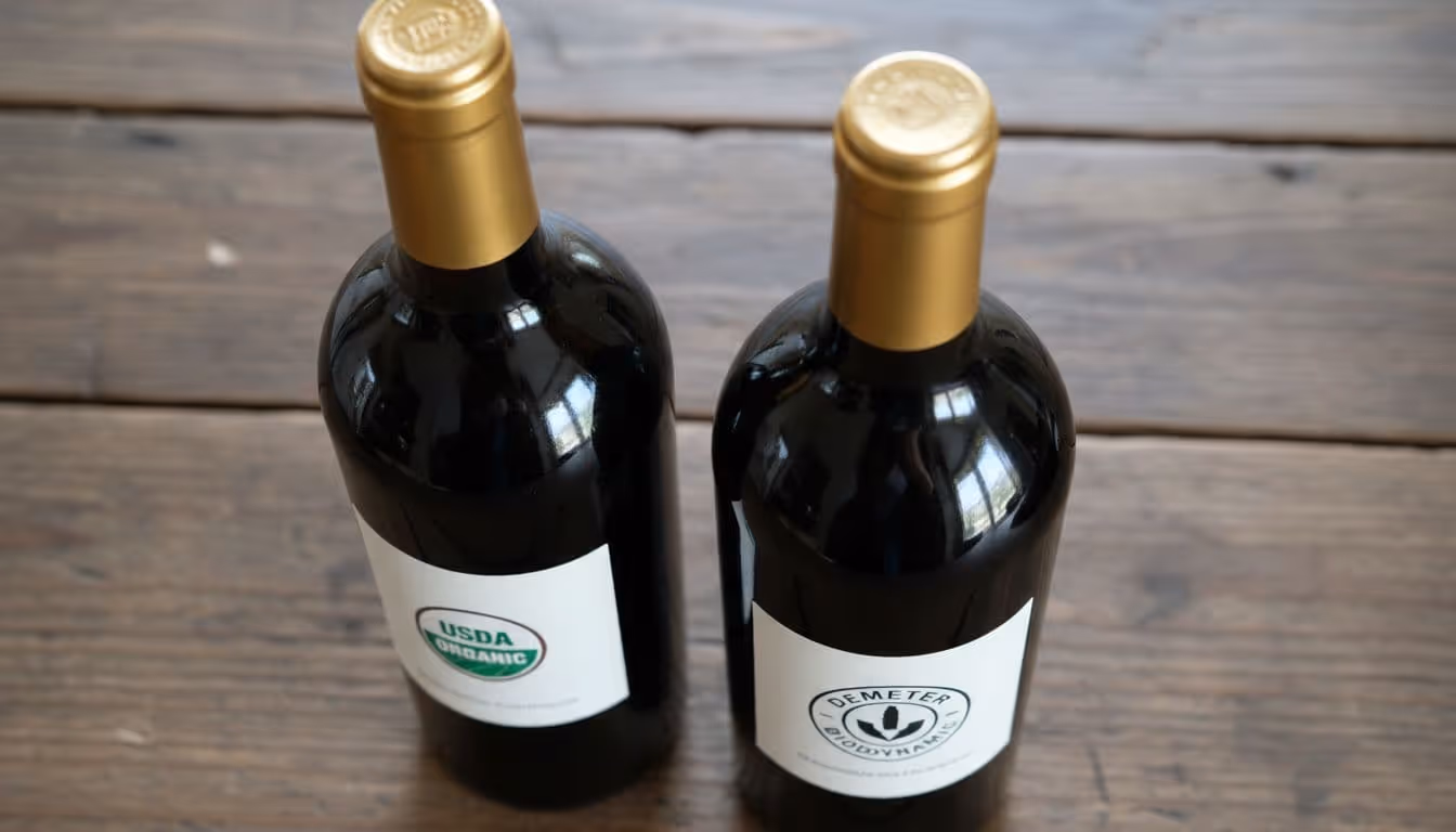 Two red wine bottles on rustic wooden table show USDA Organic and Demeter biodynamic symbols.