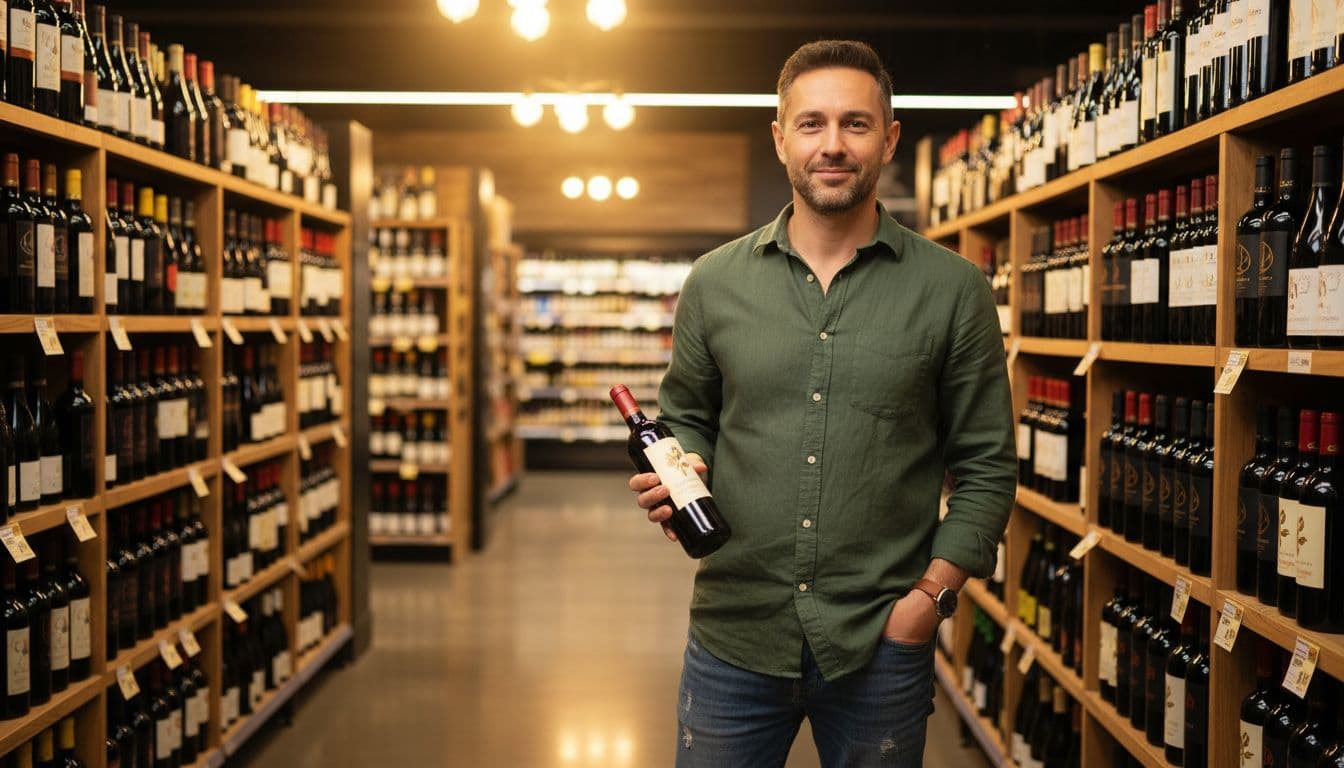 Shopper in grocery store wine aisle holds organic red wine bottle, smiling with hand in pocket and biodynamic bottles nearby.