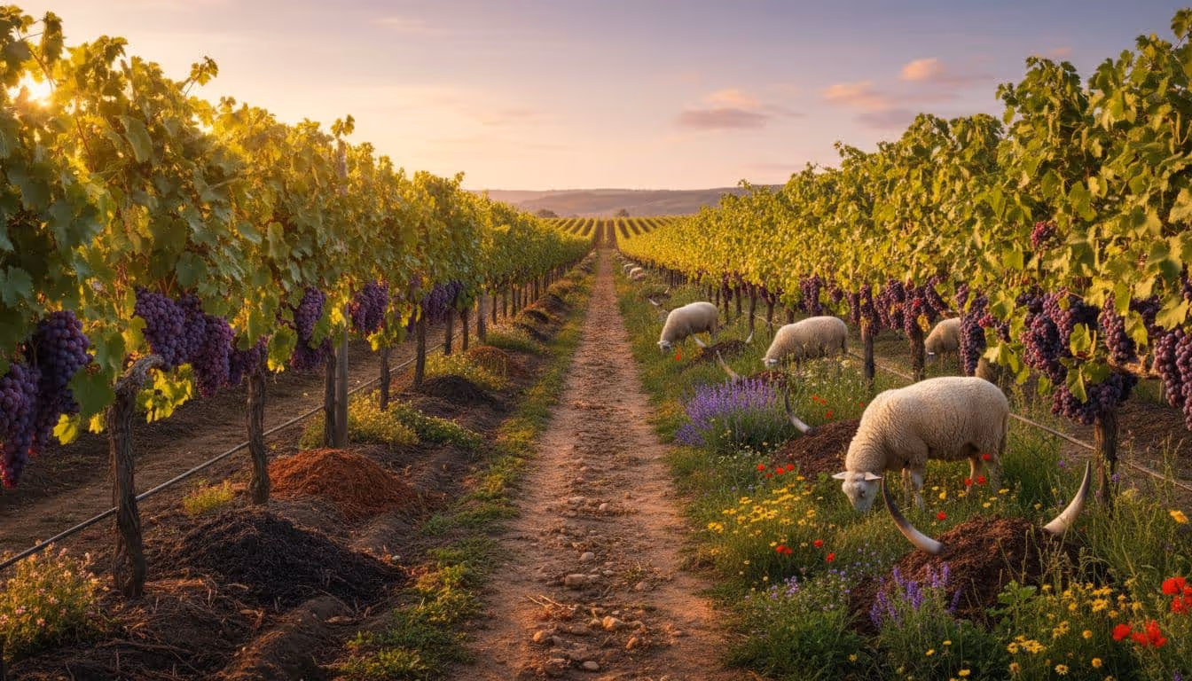 Adjacent vineyards at golden hour: left organic with orderly vines and compost, right biodynamic with sheep, wildflowers, and horn compost.