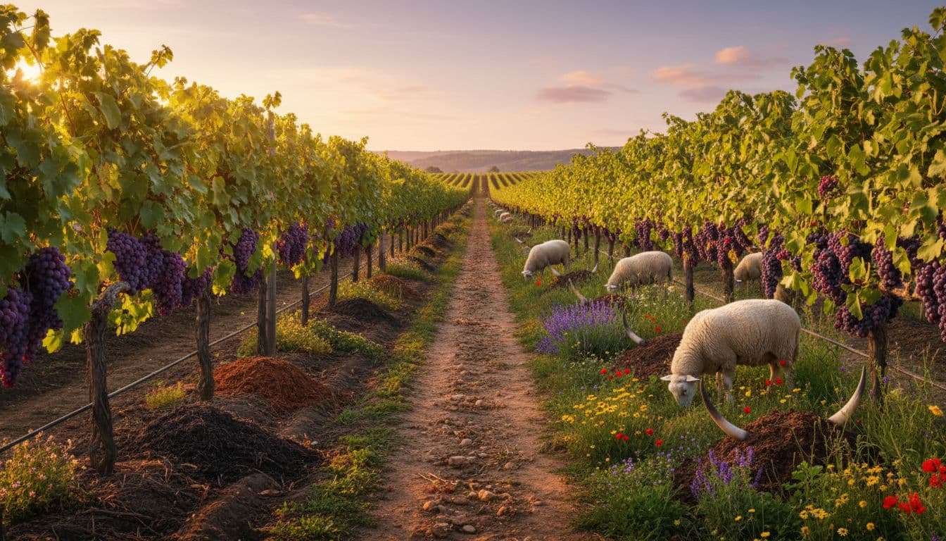 Adjacent vineyards at golden hour: left organic with orderly vines and compost, right biodynamic with sheep, wildflowers, and horn compost.