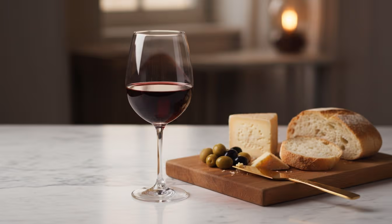 Glass of deep red Crianza wine on marble next to charcuterie board with cheese, olives, and bread.