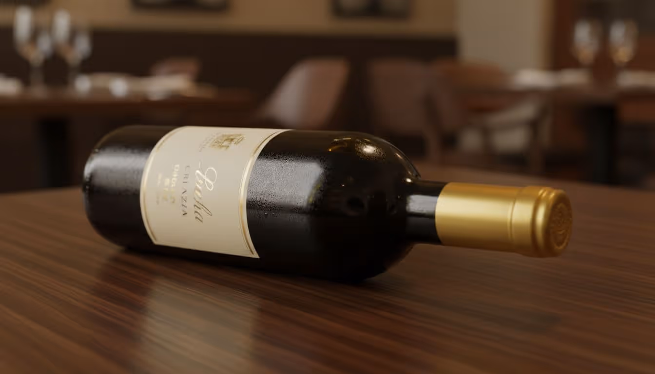 Close-up of Rioja Crianza red wine bottle on dark wooden table in restaurant.
