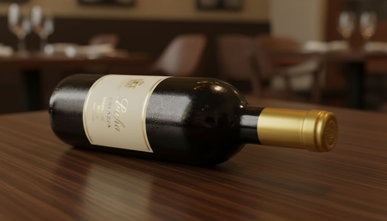 Close-up of Rioja Crianza red wine bottle on dark wooden table in restaurant.