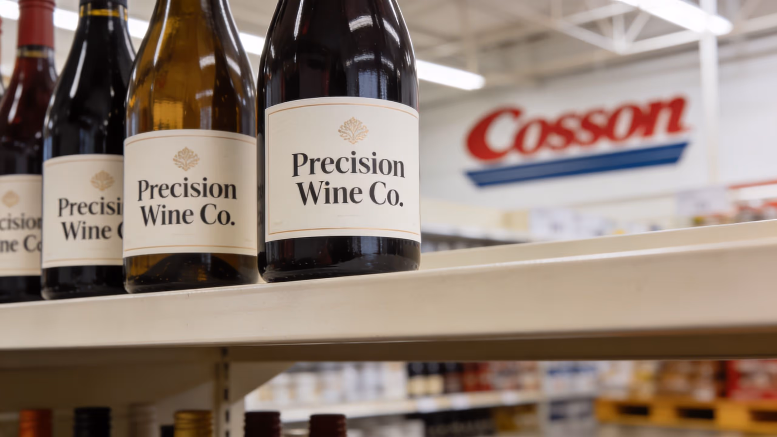 Several bottles of Precision Wine Co. wine are displayed neatly on a shelf at a Costco warehouse store.