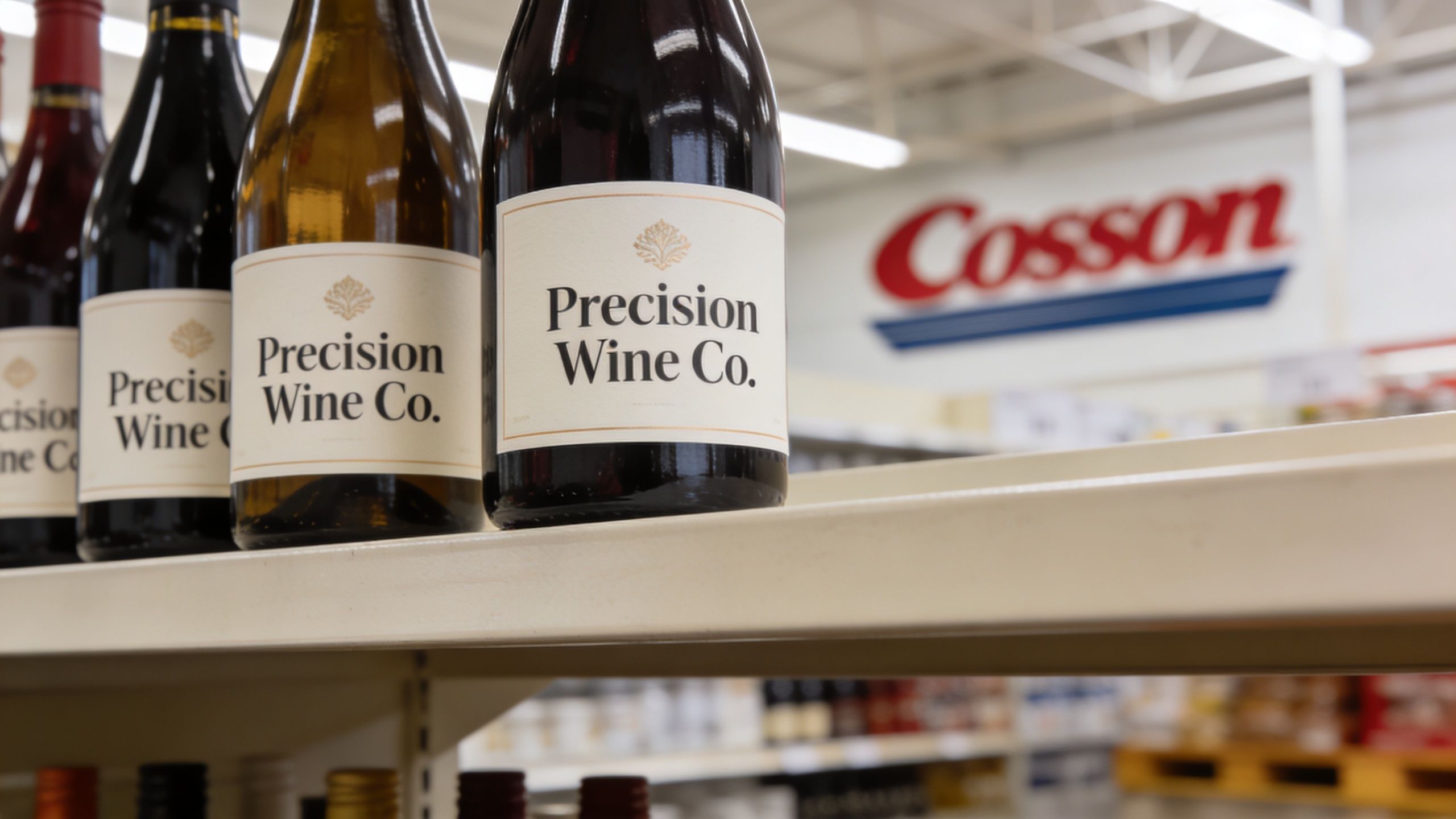 Several bottles of Precision Wine Co. wine are displayed neatly on a shelf at a Costco warehouse store.