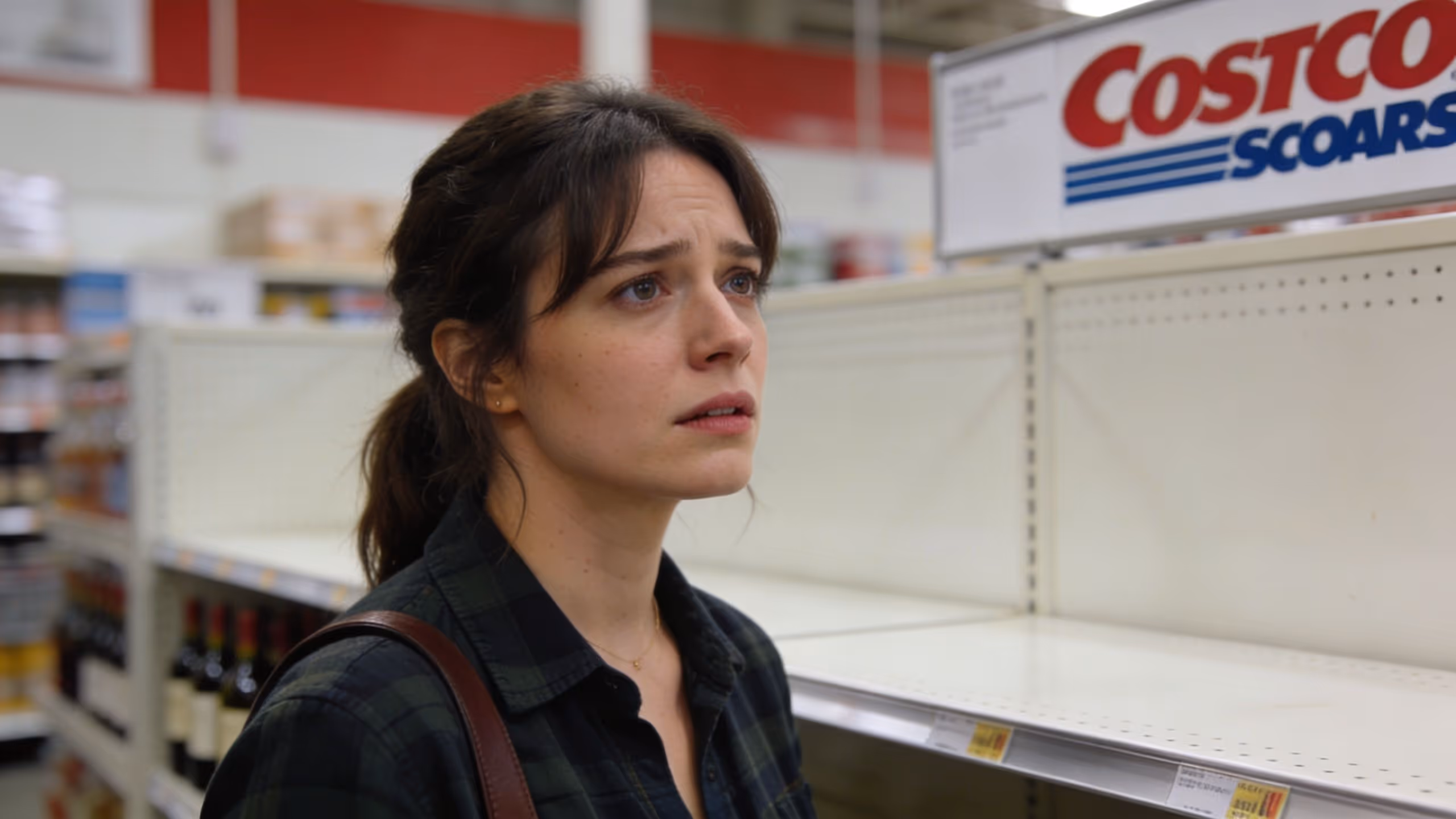 A concerned woman standing in a store aisle looking up at a partially empty shelf.