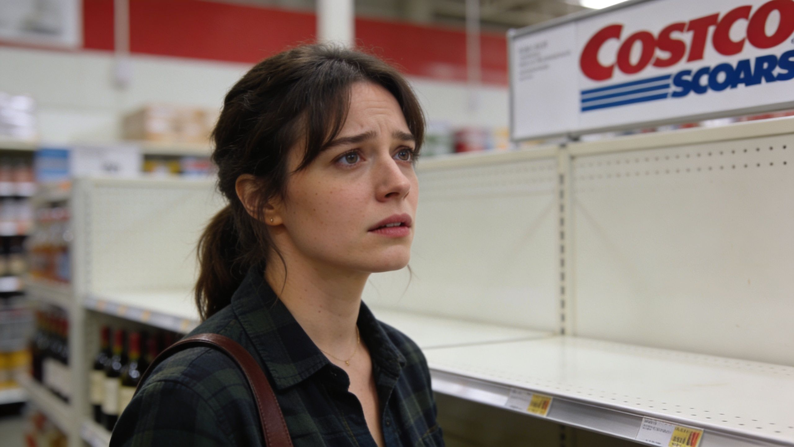A concerned woman standing in a store aisle looking up at a partially empty shelf.