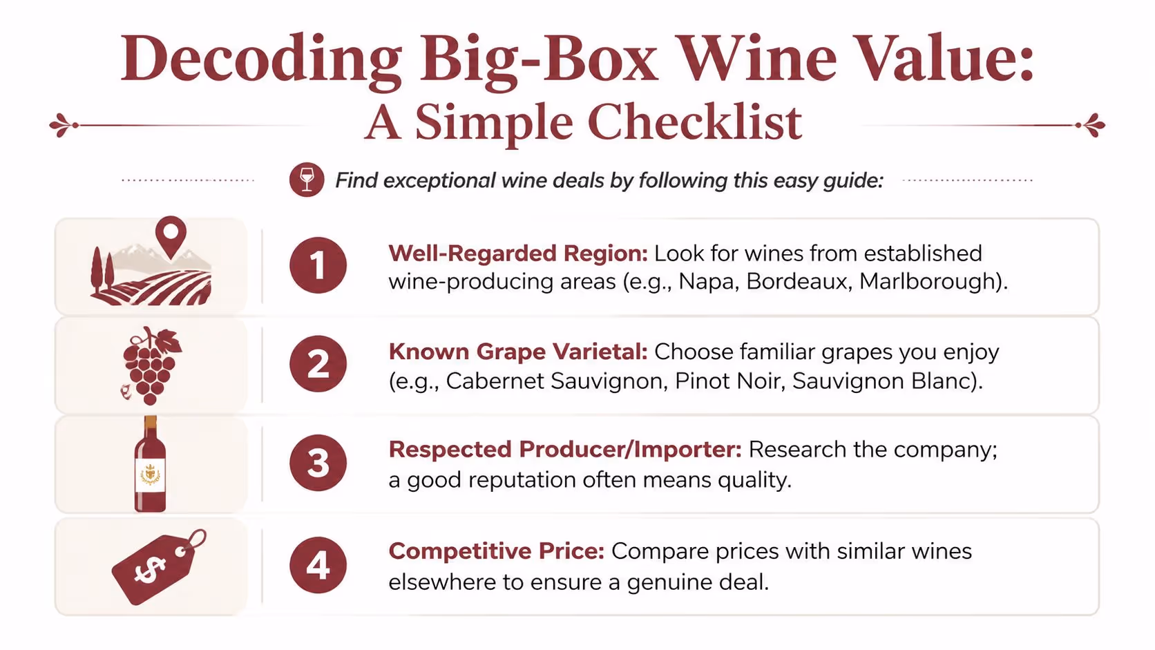 A simple checklist for finding high-quality, value-priced wines at big-box retailers by evaluating specific key criteria.