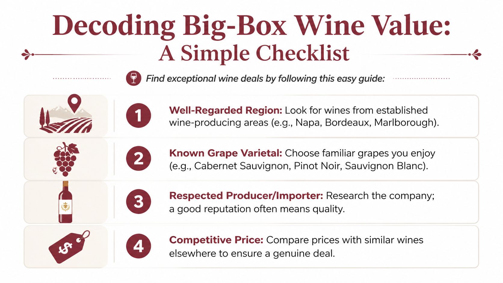 A simple checklist for finding high-quality, value-priced wines at big-box retailers by evaluating specific key criteria.