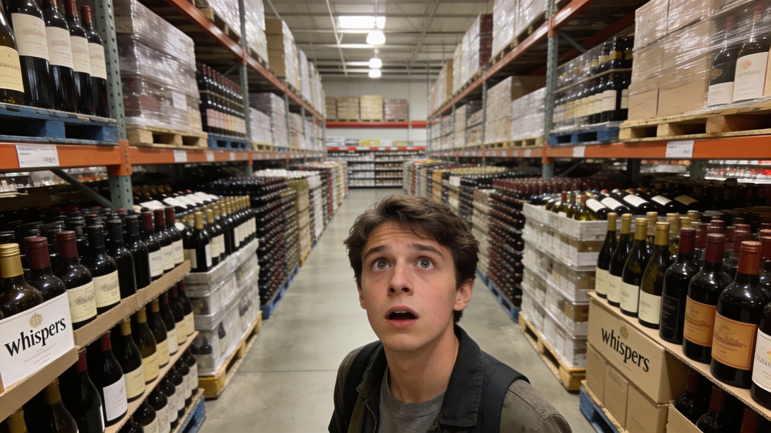 A young man with a surprised expression stands in the middle of a massive Costco wine aisle.
