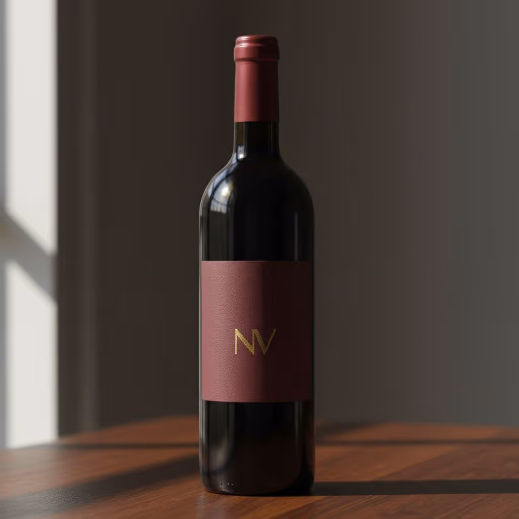 Close-up of red wine bottle label with subtle gold NV on burgundy background, neck and cork on dark wooden table.