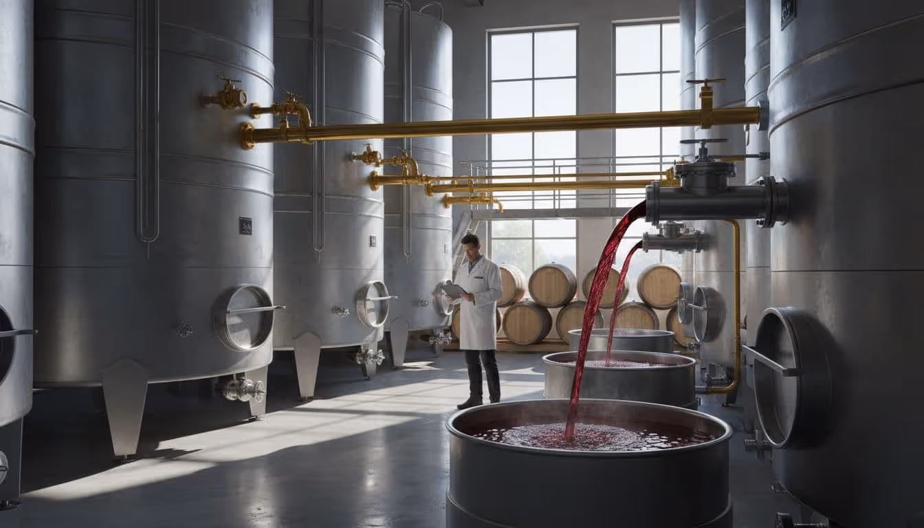 Winemaker in white coat observes deep red wine pouring between stainless steel tanks with gold fittings, wooden barrels in background under natural daylight.