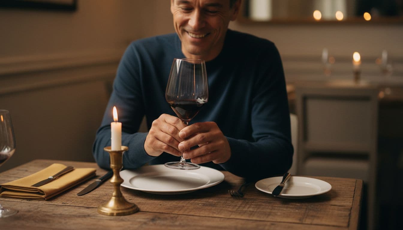 Relaxed adult smiles contentedly holding stemmed glass of deep red wine at wooden dinner table set for two.