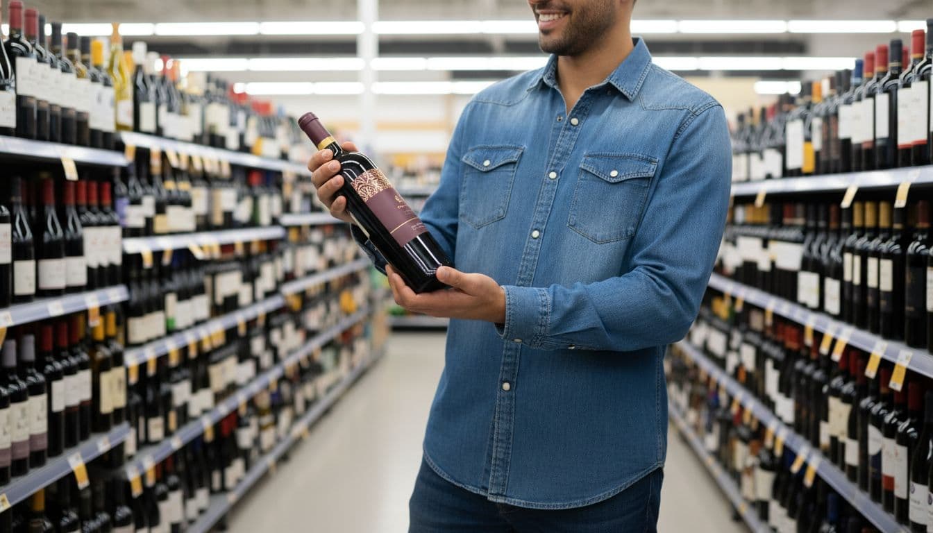 Adult shopper in casual clothes holds burgundy-labeled wine bottle at eye level in grocery store wine aisle.
