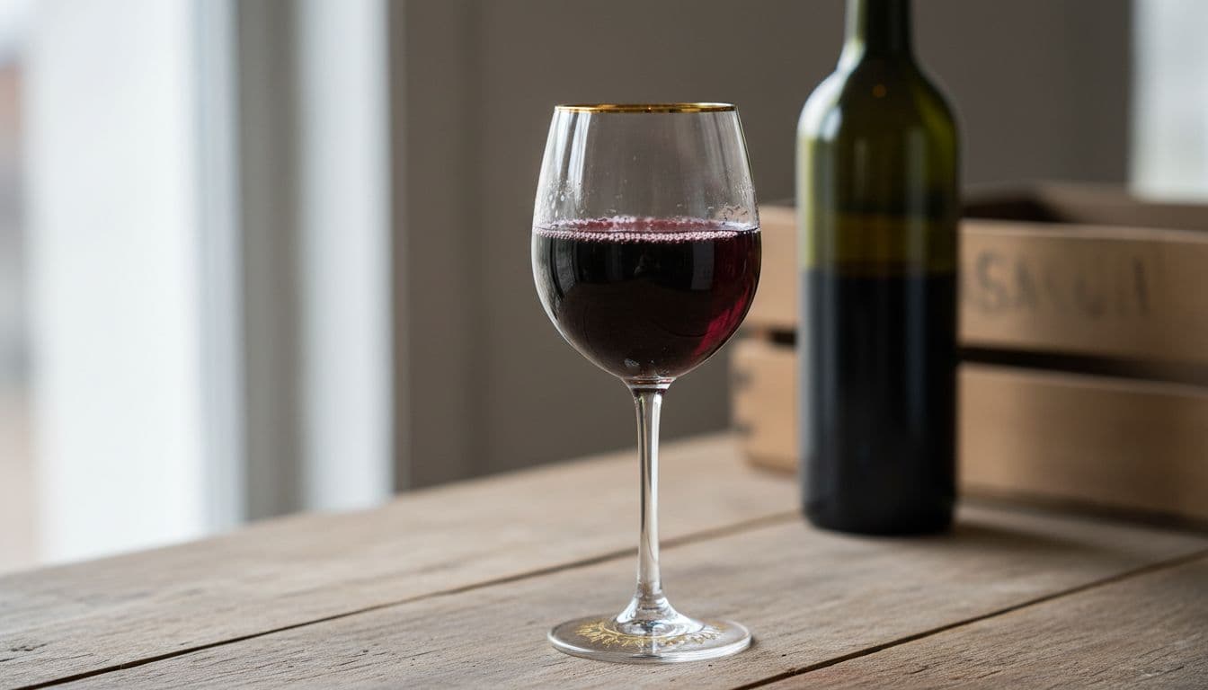 Close-up of deep red wine in gold-rimmed glass with condensation droplets on rustic wooden table, bottle behind.